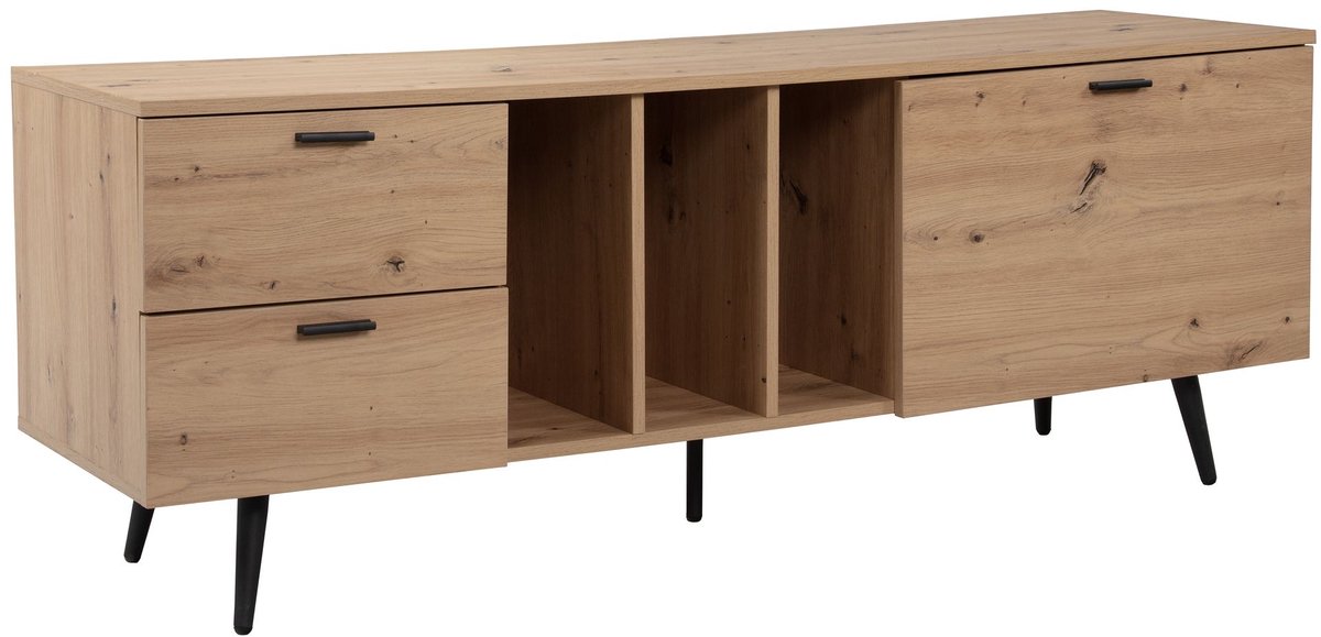 Ervesto Lowboard Tv-Meubel - Tv-Kast En Dressoir - Eiken Decor 150x55x40 Cm - Met Deur En Lades - Modern Zwart Onderstel