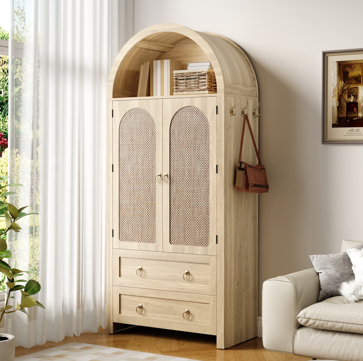 MIVRAY Dressoir - Boogvormige Opbergkast Met Rotan Deuren En Dubbele Laden - Voor Woonkamer En Slaapkamer - MDF Eiken - 80x40x180 Cm