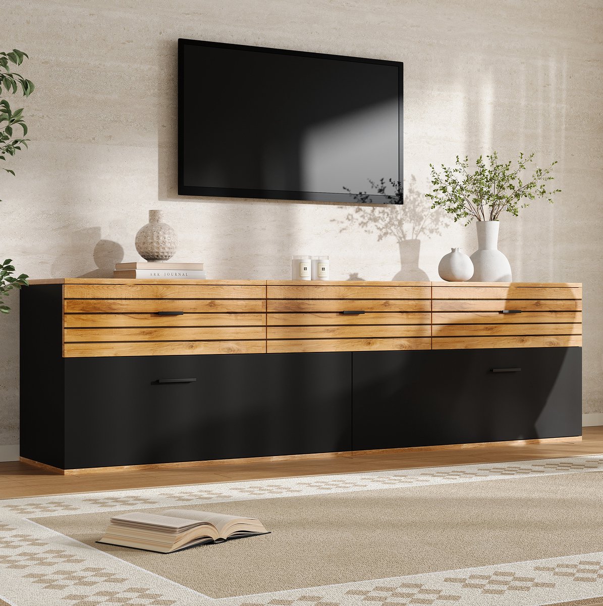 MIVRAY Dressoir - Tv Meubel Met 2 Klepdeuren En 3 Lades - Voor Woonkamer En Slaapkamer - MDF En Spaanplaat - 168x38x59 Cm - Naturel Zwart