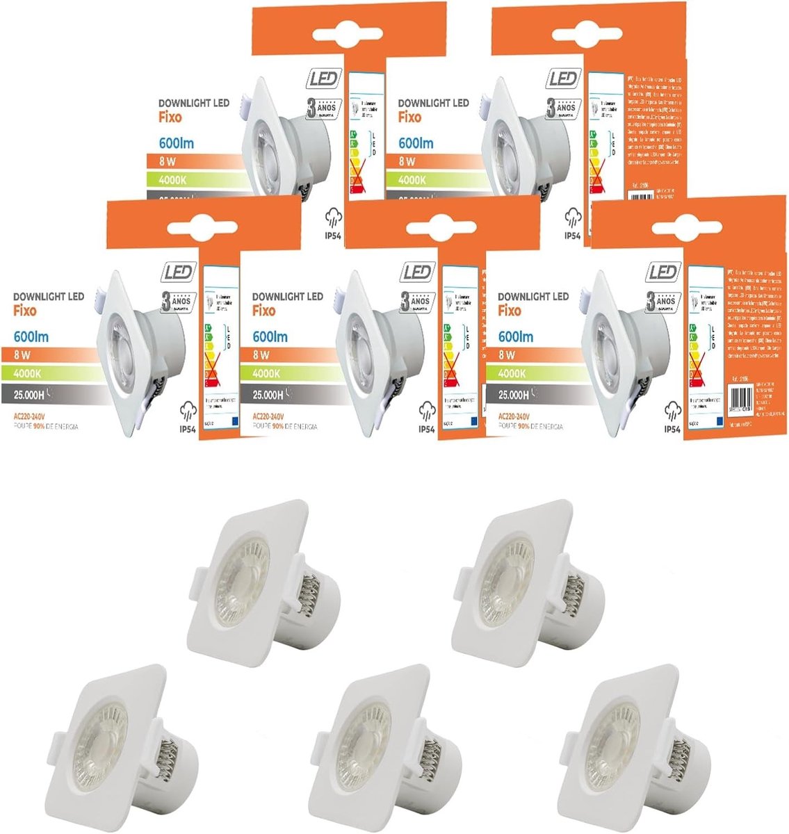 Set van 5 Inbouw LED Spotlights 230V 8W 600LM IP44 voor Badkamer, Keuken en Woonkamer - 4000K Wit Licht, Compacte 74MM X 74MM X 53MM Design