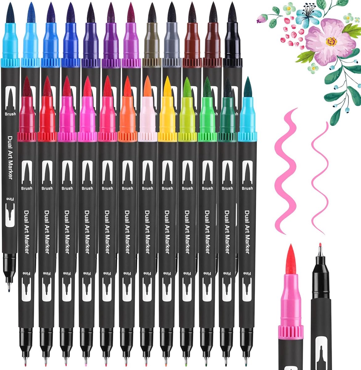 Thijox - Dual Brush Pen Set - 24 kleuren aquarelstiften, viltstiften, manga-stiften, kalligrafiestiften, handlettering, bullet journal, fineliner, cre