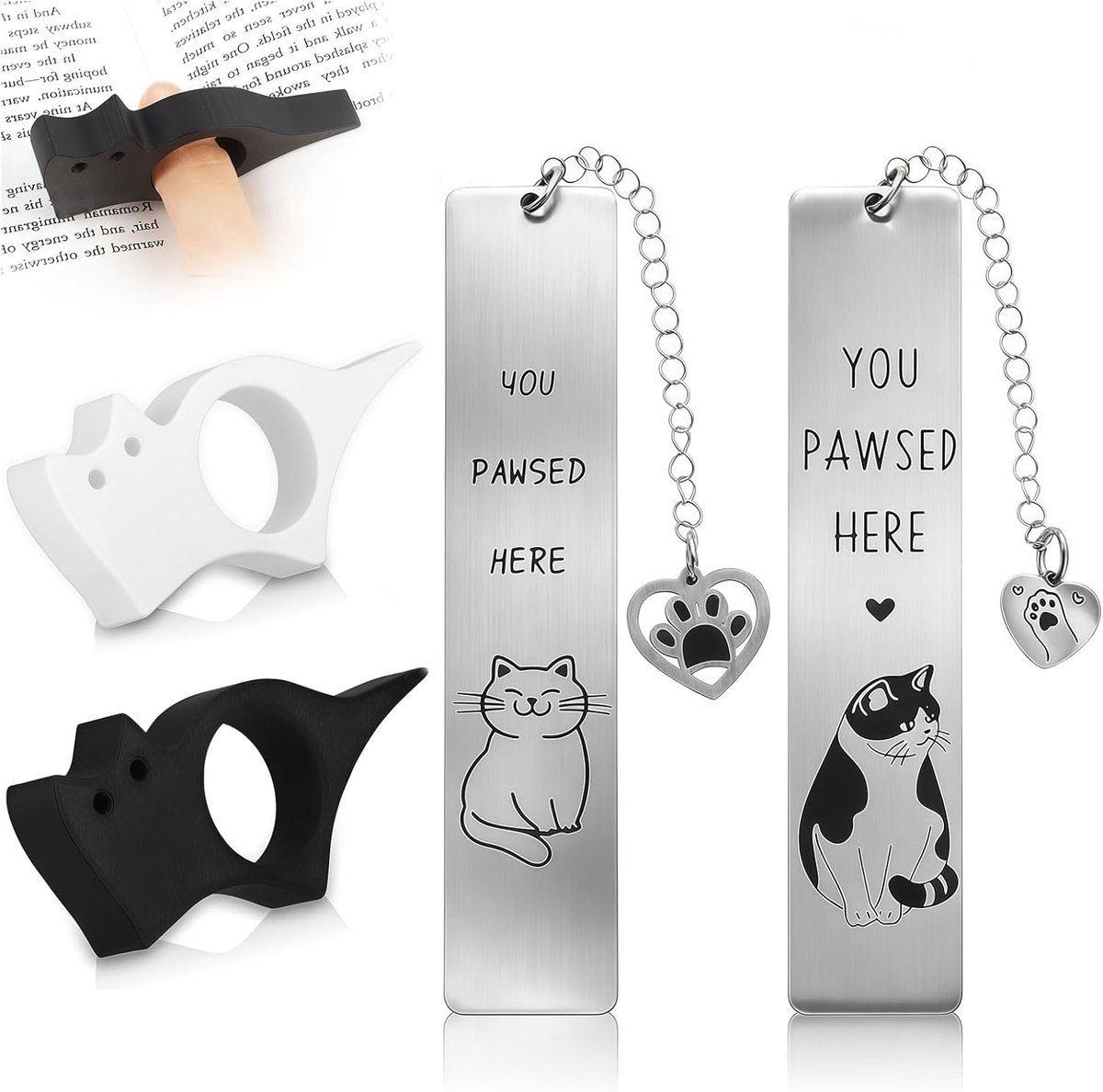 Thijox - Boekenleggers Katten Set - Paginahouder Duimclip en Gepersonaliseerde Boekenlegger van Kunststof en Zinklegering - Perfecte Boeken Accessoire