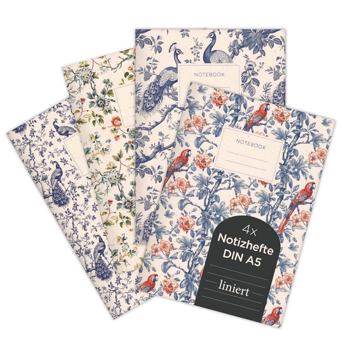 Thijox - Set van 4 A5 Notitieboekjes met Chinoiserie Patronen, Gelinieerd, FSC-gecertificeerd Papier, Exotische Ontwerpen, Ideaal voor School, Werk en