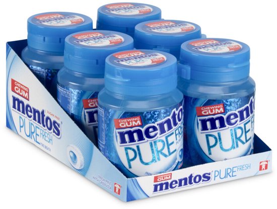 Display met 6 potten Mentos Pure Fresh kauwgom.