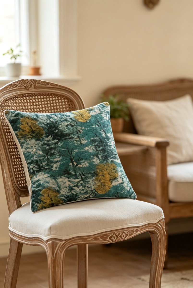 Boho-kussenhoes van polyester met bosprint in blauwgroene tinten, vintage vierkante kussenhoes met bosmotief voor de inrichting van een landelijke bank,45x45cm