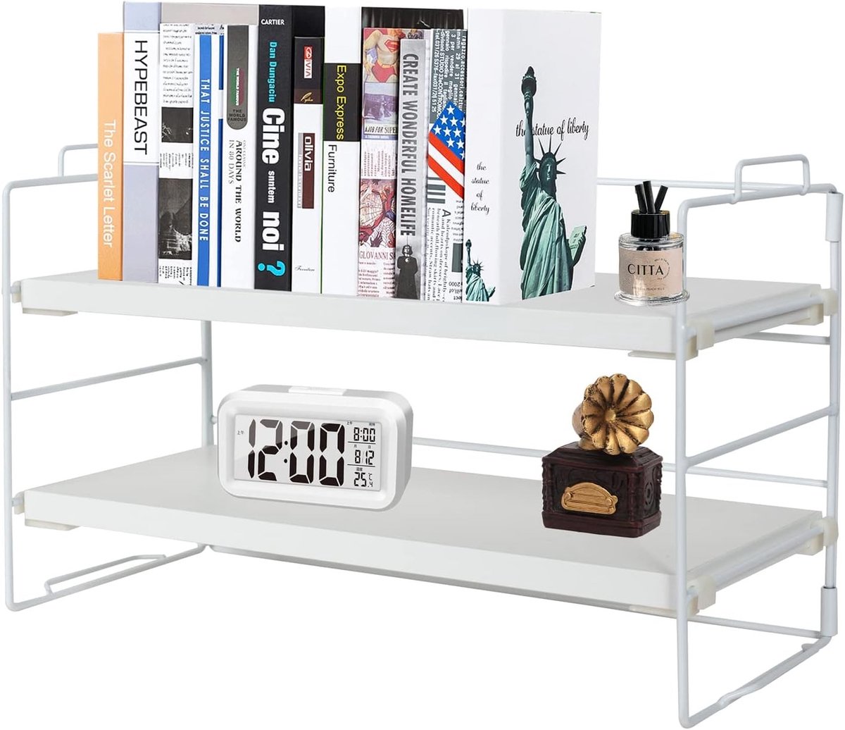 Multifunctionele Bureau Organizer met 2 Niveaus van Wit Metaal en Teakhouten Planken, Ideaal voor Kantoor, Leesruimte en Boekenopslag