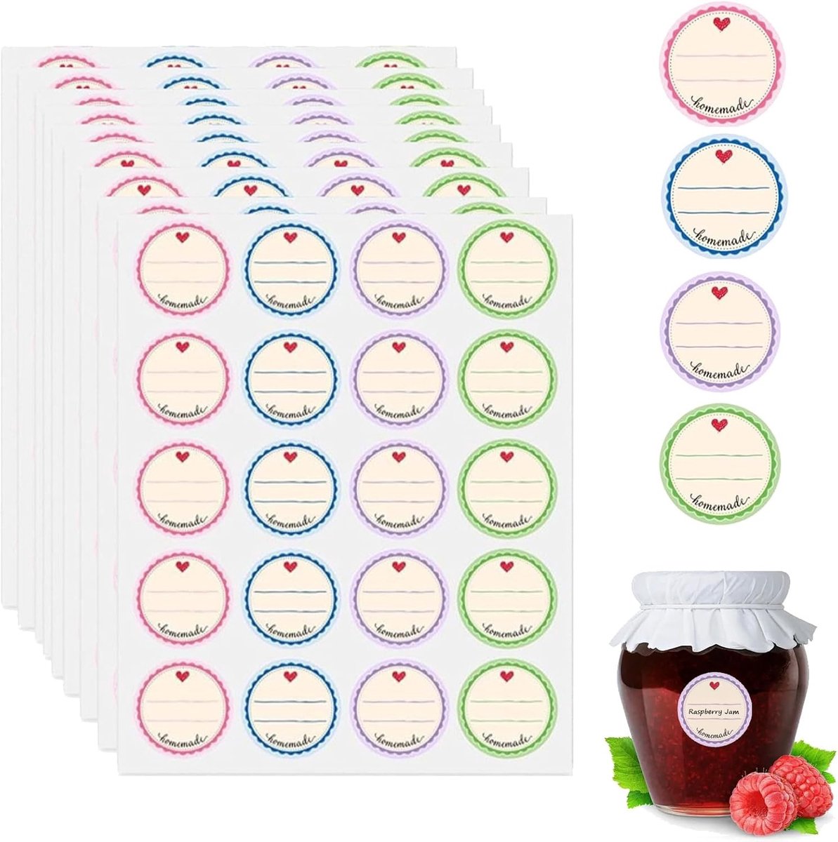Set van 400 Zelfklevende Jamlabels in 4 Kleuren - Decoratieve Stickers voor Potten, Kruidenslabels en Bakgeschenken, Rond en Uitwisbaar