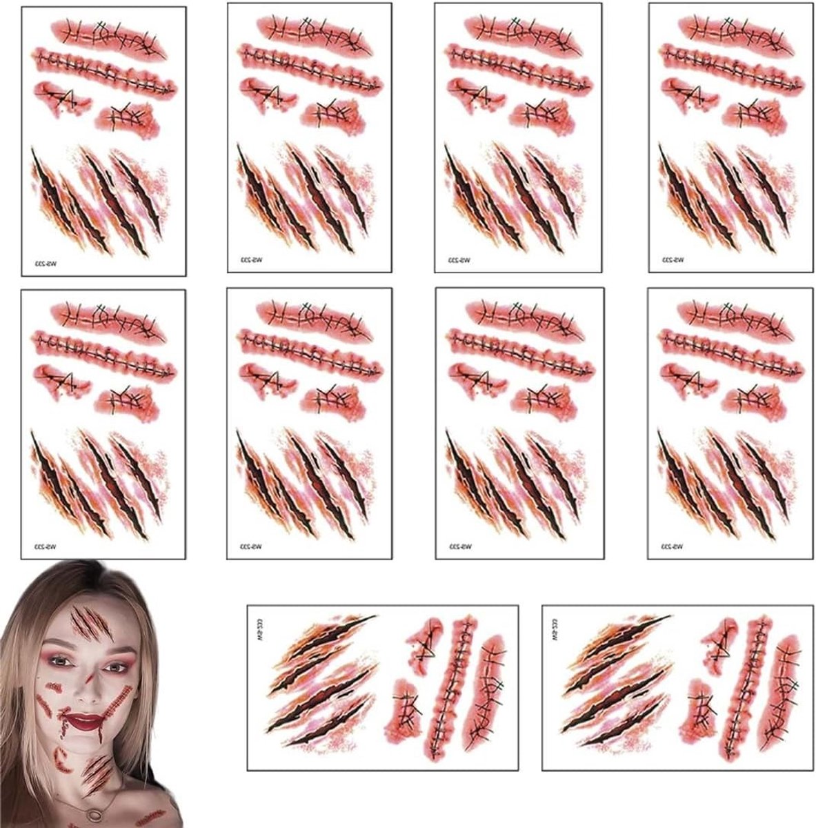 Halloween Zombie Scars Tatoeages Stickers - 10 Bladen met Speciale Effecten voor Griezelige Kostuums en Make-up