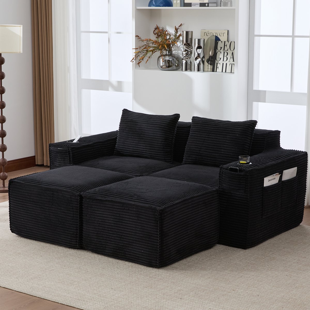 FloraGrace Zitbank – 2-Zits Modulaire Bank Met 2 Hockers – Bekerhouders, Zijvakken & Comfortabele Vulling – Woonkamer of Appartement – Corduroy – Zwart