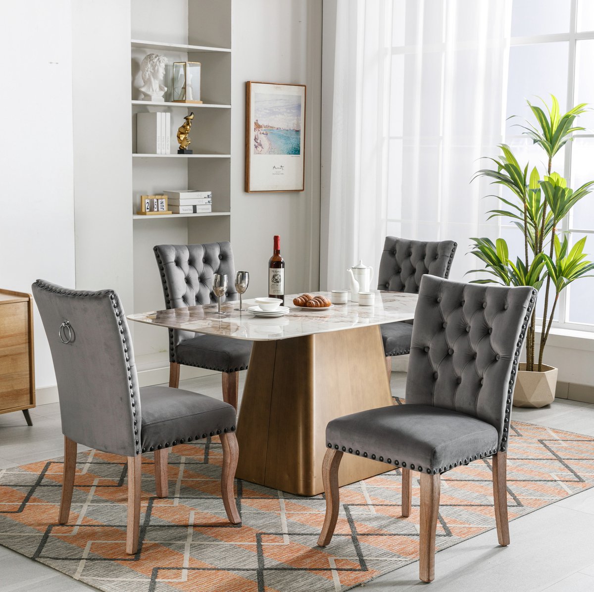 DESMIU Eetkamerstoel - Normale Eetkamerstoel - Set Van 4 - Velvet Bekleding Met Houten Poten En Ringgreep - Eetkamer - Grijs