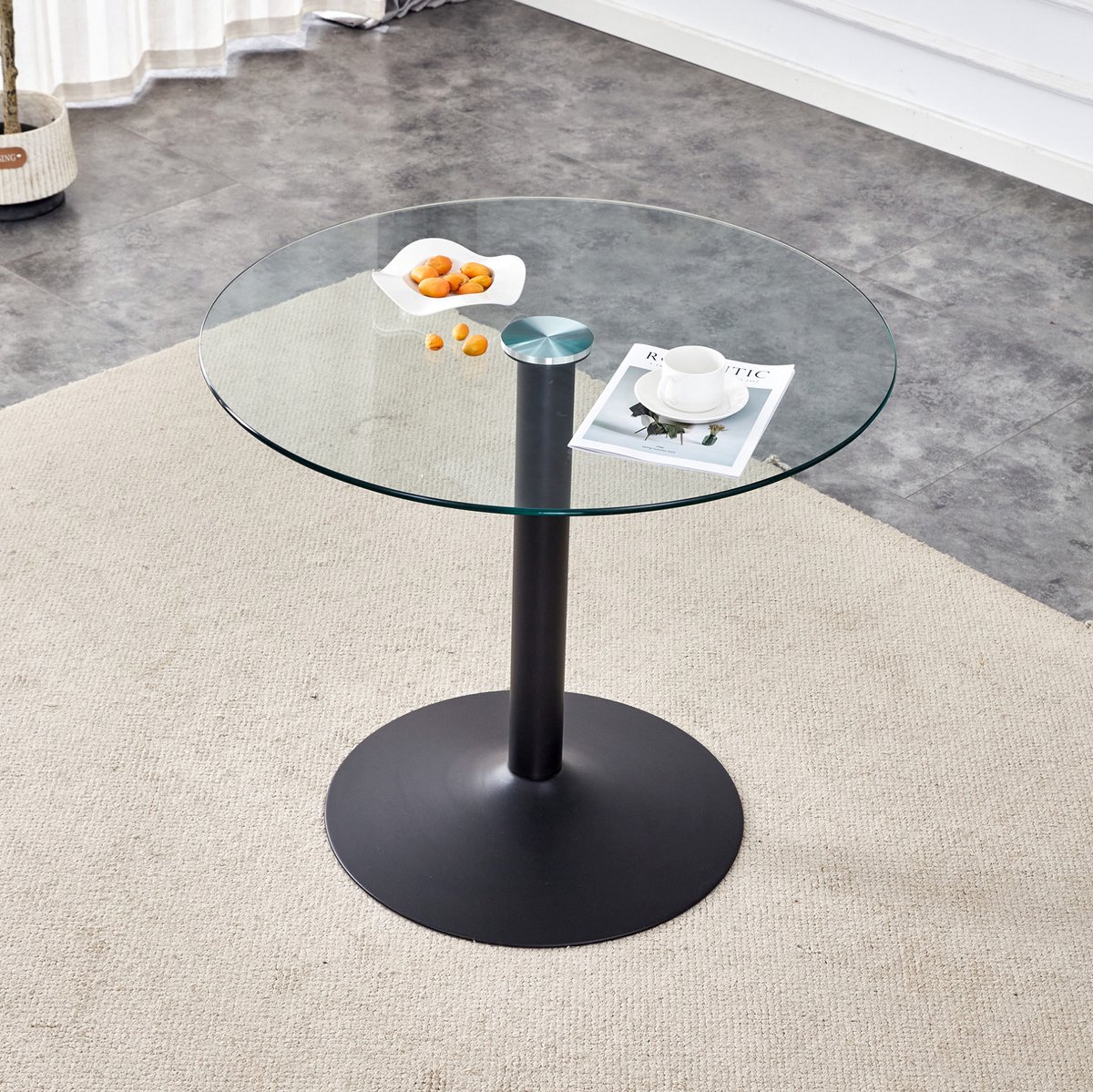 MIVRAY Eettafel - Ronde Glazen Tafel Met Gehard Blad - Modern Voor Eethoek En Caféruimte - Glas En Metaal - 85 x 85 x 76 cm - Zwart Transparant