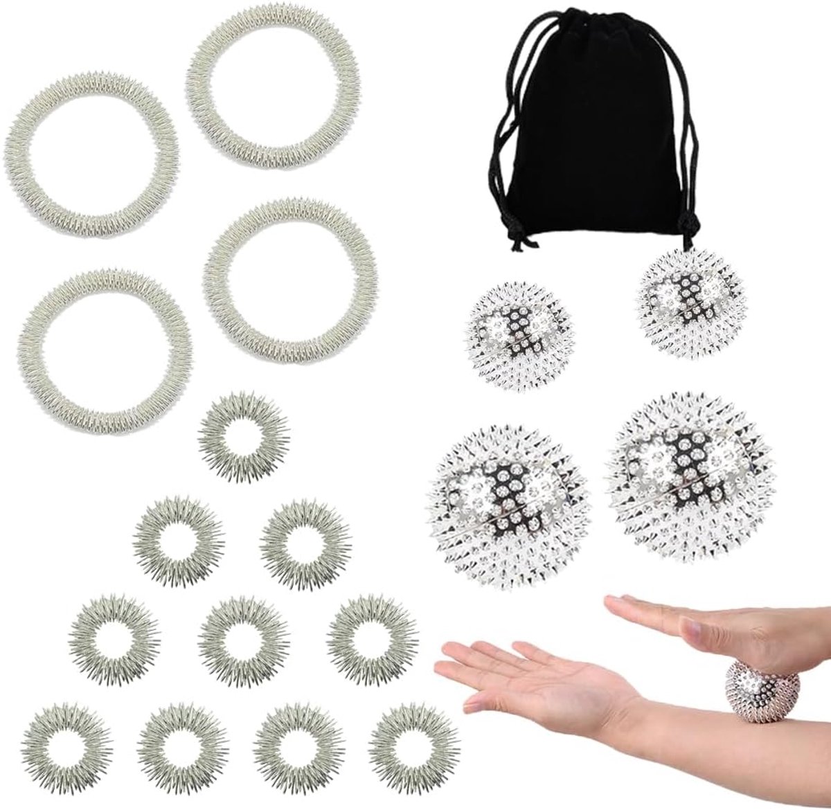 Thijox - 4 Stekelige Massageballen, 10 Vinger Massage Ringen, 4 Massagearmbanden, Magnetische Egelbal, Acupressuur Massagebalset voor Stressverminderi