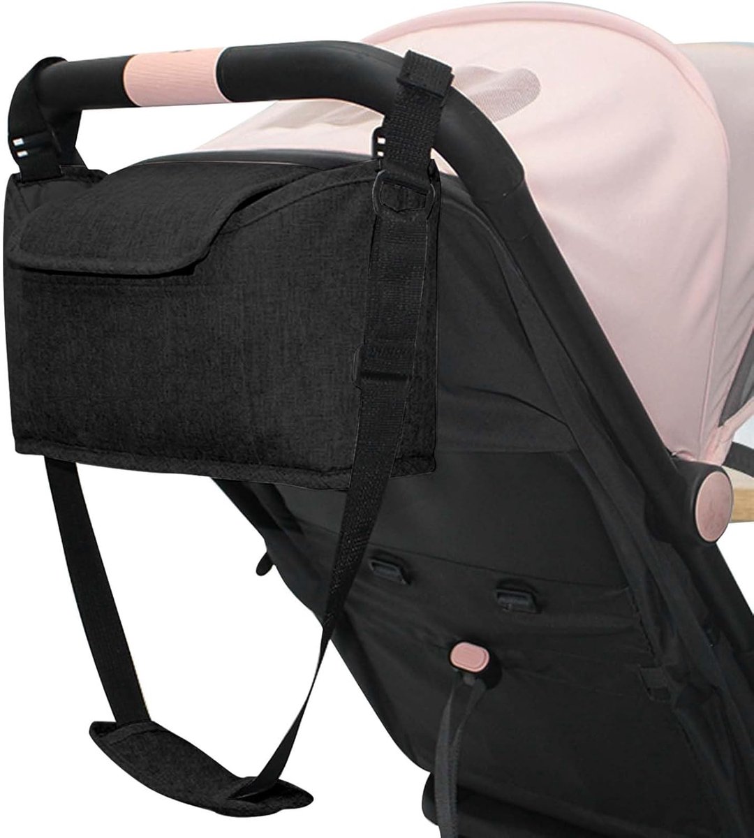 Thijox - Kinderwagen-organizer Universeel met Schouderbanden, Multifunctionele Opbergtas voor Buggy en Kinderwagen, Zwart met 5 Zakjes en 2 Bekerhoude
