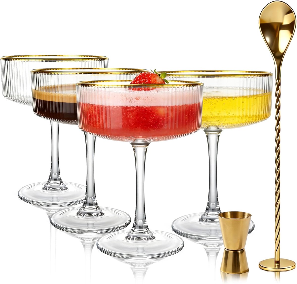 Thijox - Cocktailglazen Set van 4 met Gouden Rand & Cocktail Accessoires | Luxe Geribbelde Martiniglazen 318ml | Ideaal voor Feest, Bar, Wijn, Champag
