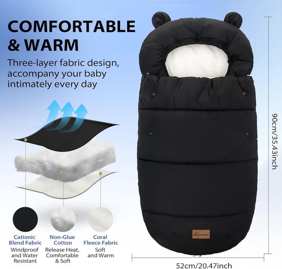 SnelShoppen - Baby Voetenzak Universeel voor Kinderwagens - Winter Voetenzak voor Alle Buggy's - Wasmachinebestendig - 90 x 52 cm - Zwart van Snelshoppen — afbeelding 5