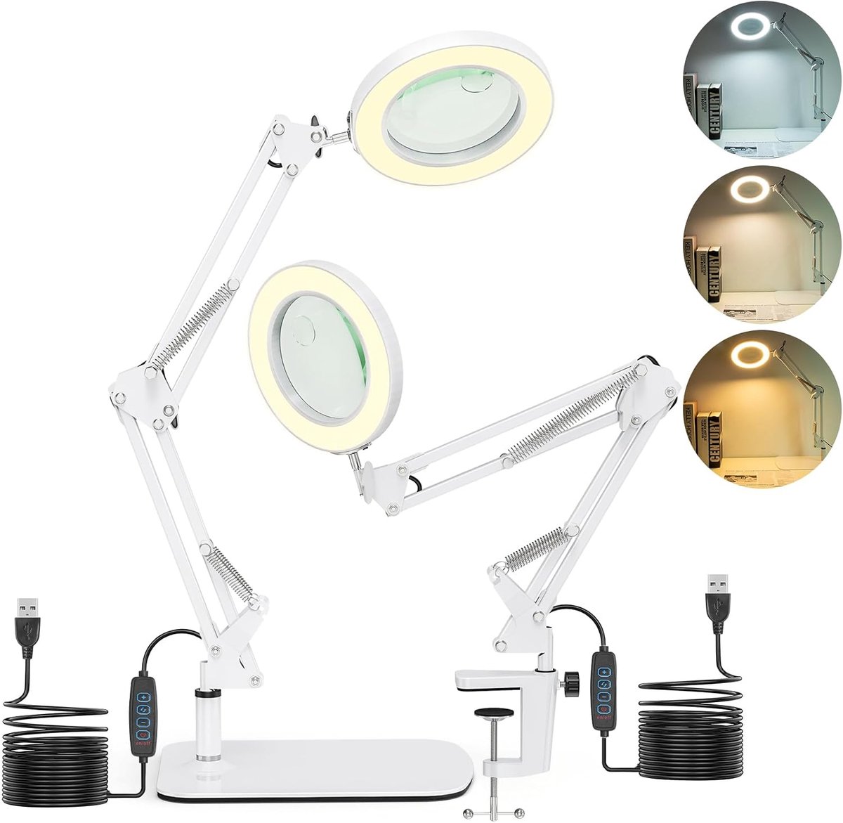SnelShoppen - 2-in-1 Vergrootglas met Licht en Standaard, LED Vergrootlamp met Klem en Basis, Dimbaar Bureaulamp met 3 Kleurmodi voor Hobby, Knutselen