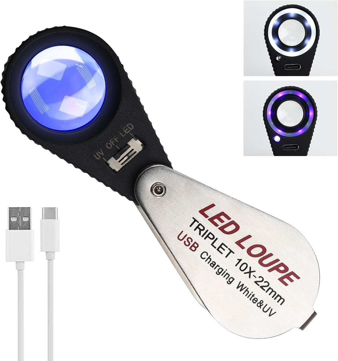 SnelShoppen - 10x Vergroting Edelsteen Loep met UV & LED Verlichting - Draagbaar Vergrootglas met 22mm Triplet Lens voor Sieraden, Horloges, Munten en