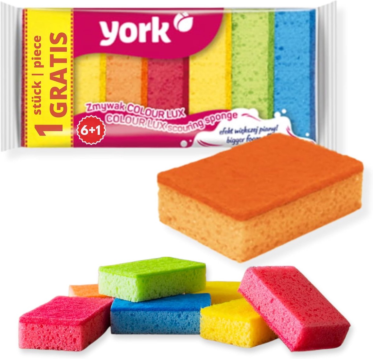 SnelShoppen - York Prestige Schuurspons COLOUR LUX 6+1 stuks Gratis, Kleurrijke Schuurspons, Standaard Formaat, Ideaal voor Keuken, Badkamer en Huisho