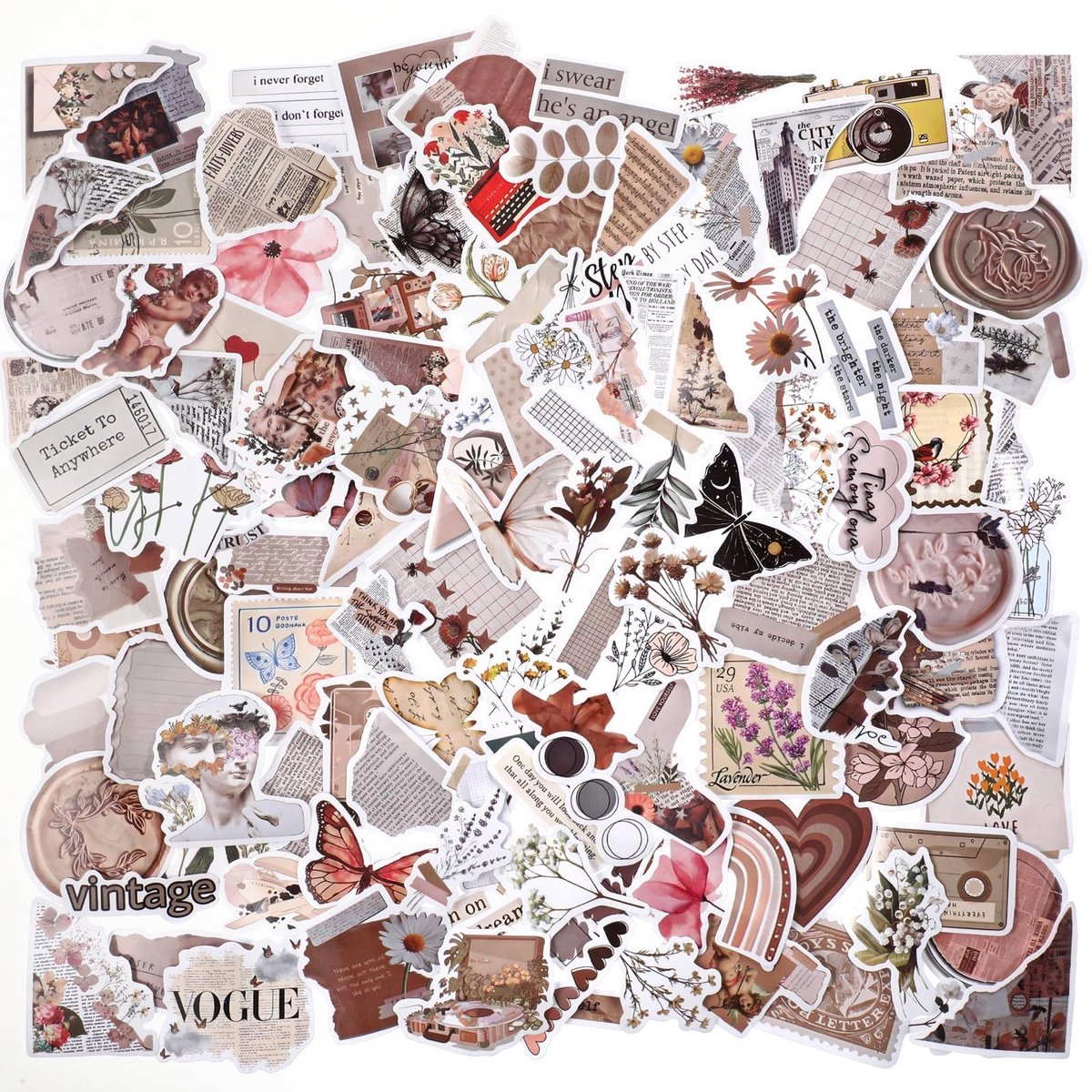 Dailygoods- Stickers 120 stuks vintage - Waterdichte stickers - Esthetische journalstickers - Retro vinyl stickers - Scrapbook stickers - Handboek benodigdheden