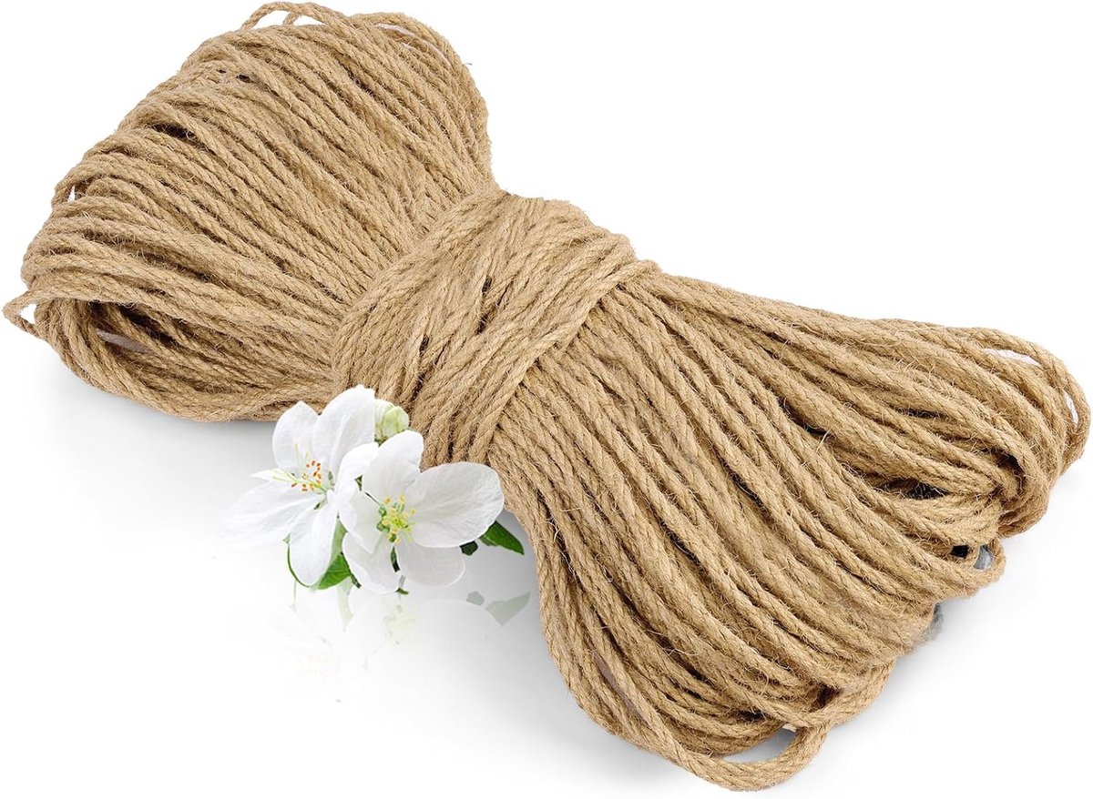 Thijox - Natuurlijk jute touw 135m x 2mm, robuust tuinkoord, 3 gevlochten strengen, veilig voor katten, knutselen en decoratie binnen en buiten