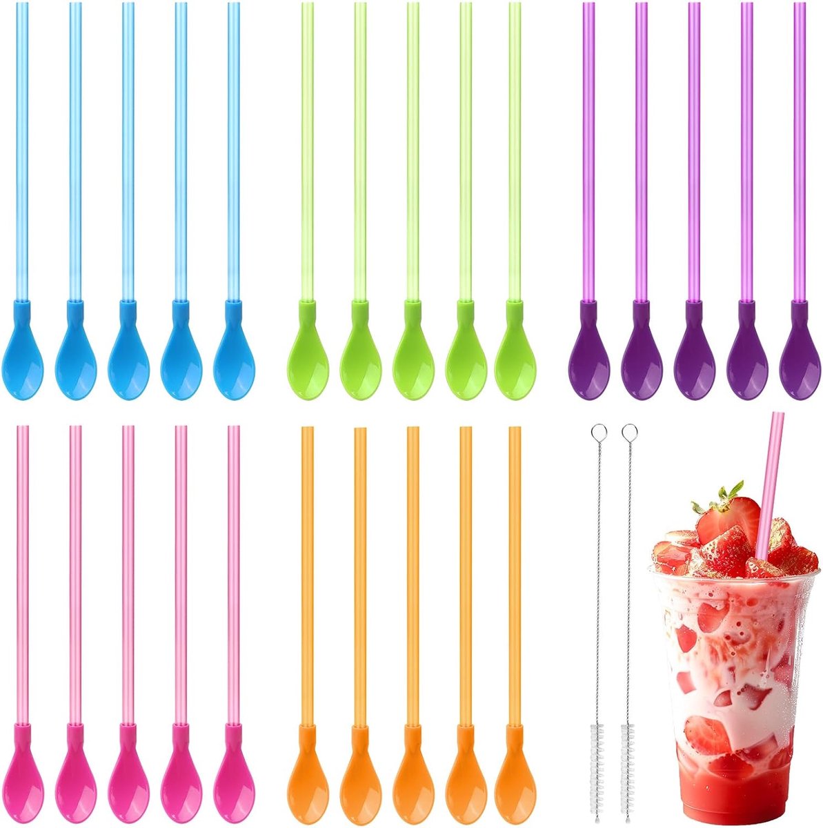 SnelShoppen - 25 Stuks Kleurrijke Plastic Rietjes en Lepels met 2 Rietborstels - Herbruikbare PP Rietjeslepels voor Cocktails, Smoothies, Milkshakes -