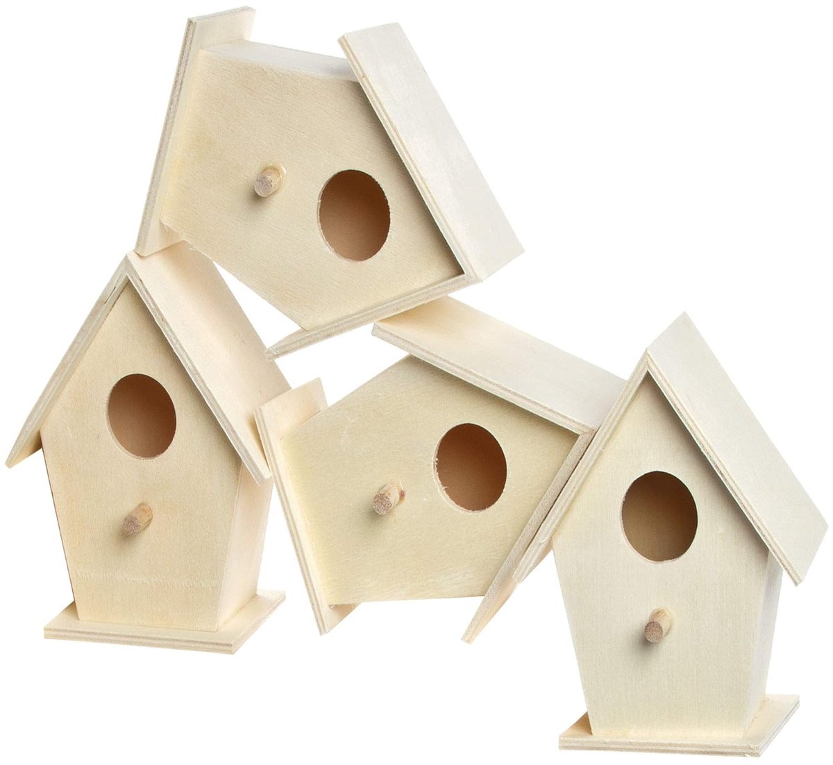 SnelShoppen - Mini Vogelhuisje van Hout 12 cm x 9,5 cm - Voor Beschilderen en Decoreren - Lentedecoratie voor Kinderen - 4 Stuks