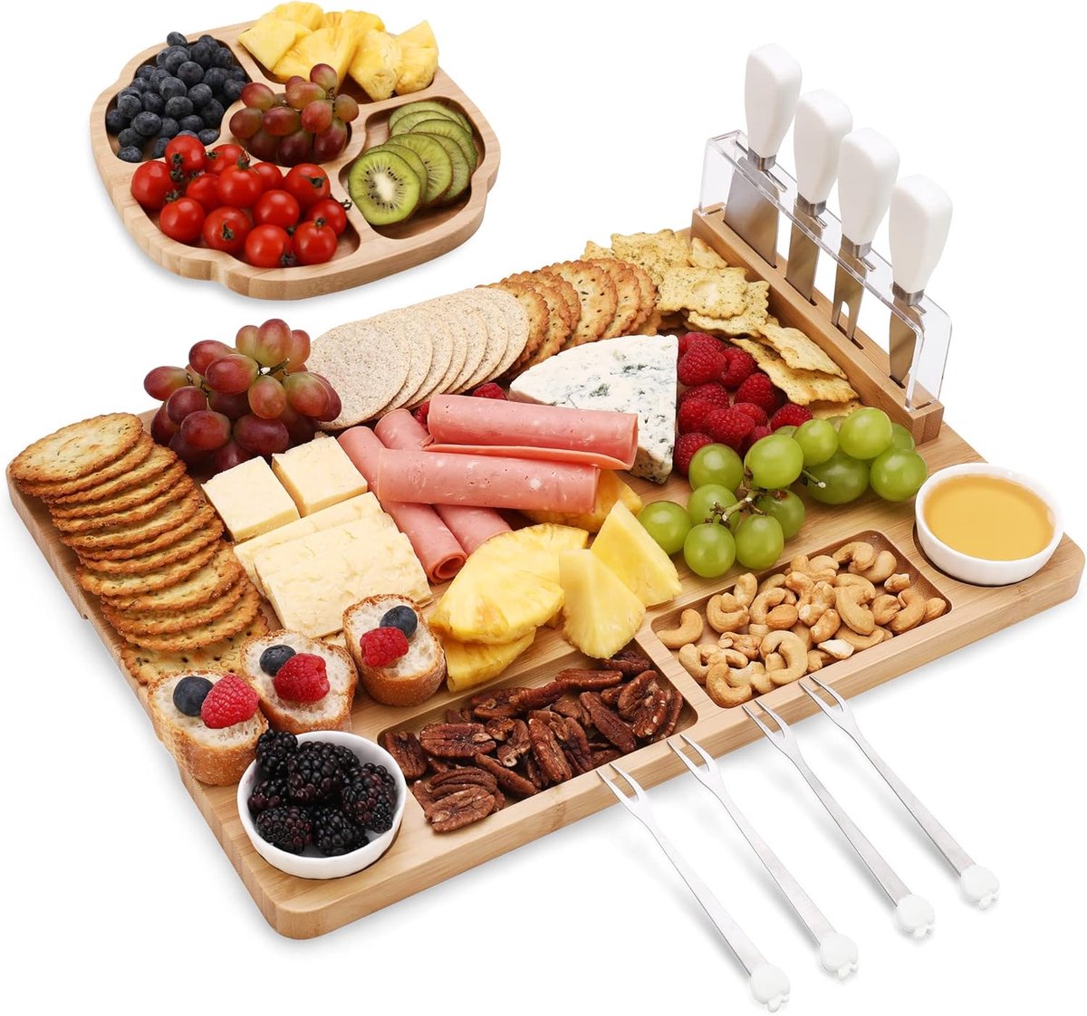 SnelShoppen - Bamboo kaasplank set 13-delig met 4 kaasmesjes, 2 keramische schaaltjes, 4 serveerforks - Charcuterie set voor feest, verjaardag, bruilo