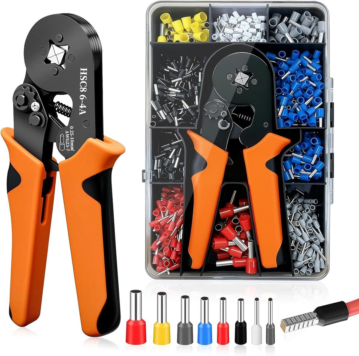 Krimptang Set - Kabelschoenen Tang - Elektrische Installatie - Zelfinstellend Ratelmechanisme - 1250 Delig - Zwart Oranje