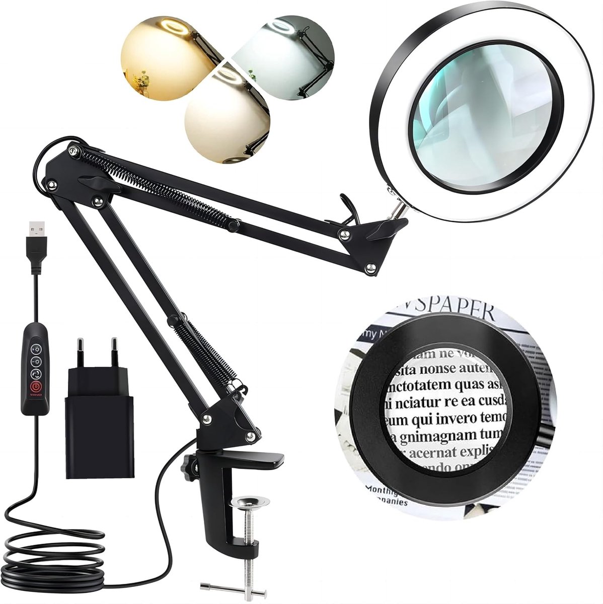 SnelShoppen - Vergrootglas met Licht en Stand, 10x Vouwbare Vergrotende Lamp met Klem, Bureau Lamp met 3 Kleuren, Dimbaar, voor Hobby, Klussen, Werkpl