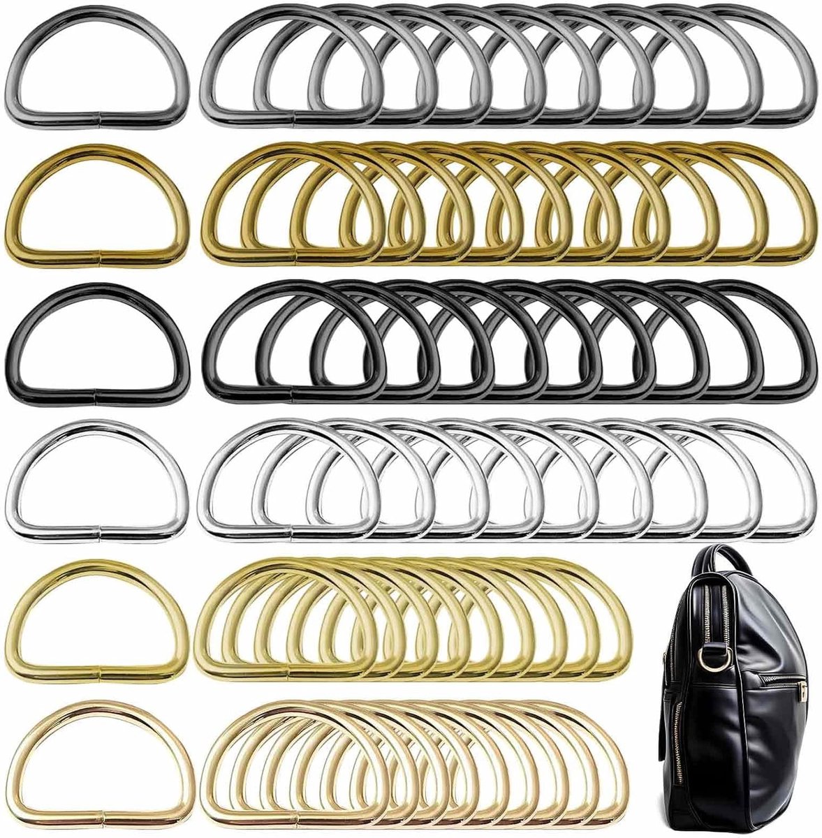 Hoogwaardige D-Ringen voor DIY Projecten en Tas Handvatten - 60 Stuks in Zilver, Goud, Zwart, Brons en Antiek Kleurenset voor Creatieve Klussen