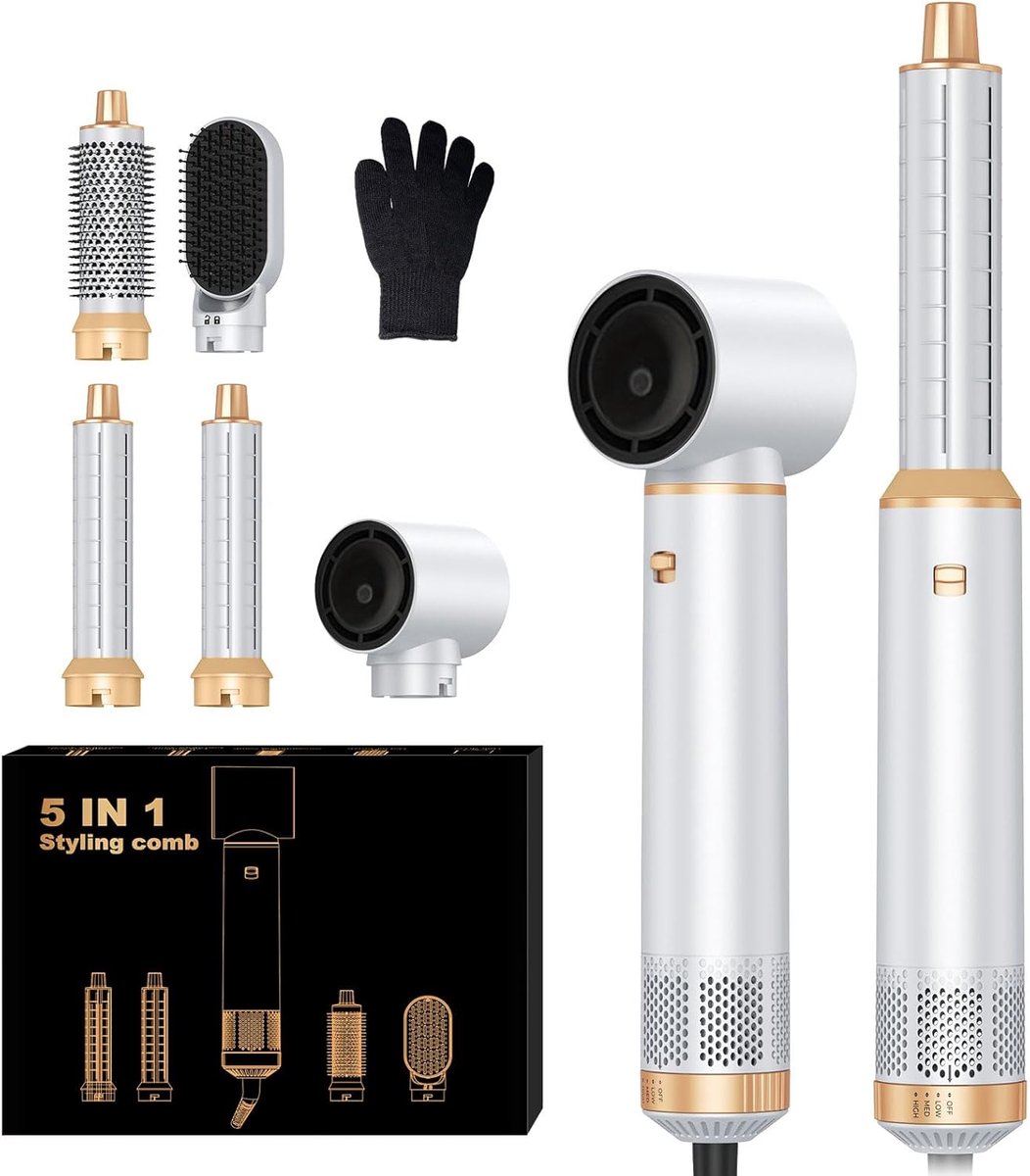 Thijox - MogaWave 5-in-1 Airbrush Haarstyler Pro met 1000 W Haardroger, Föhnborstel, Warme Luchtborstel, Ronde Borstelföhn en Automatische Krultang vo