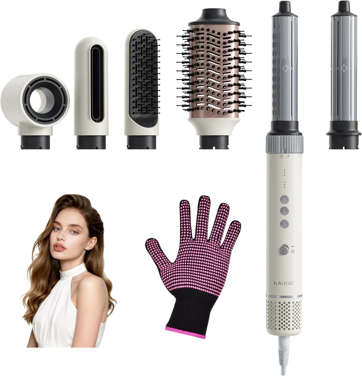 SnelShoppen - 6-in-1 Airstyler, Haarstyler, Krultang, Ionen Haardroger, Ronde Borstel, Warmeluchtborstel, Haarverzorging voor Moederdag, Crème Wit
