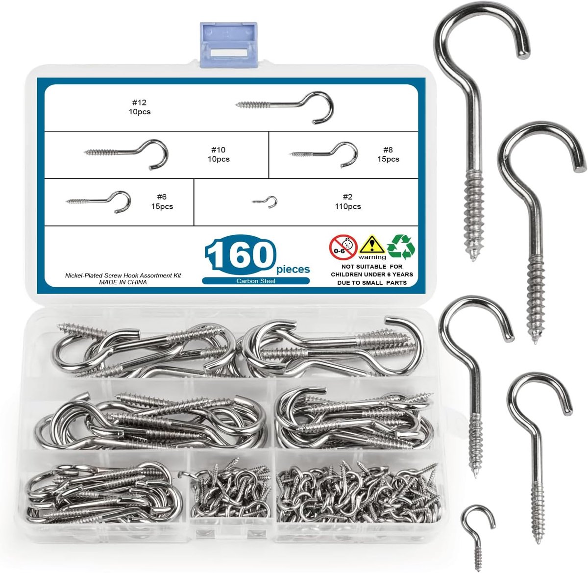 Thijox - 160 stuks schroefhaken en plafondhaken, metalen ophanghaken voor planten, kopjes, sleutels, bekerhaken met houten schroefdraad voor hout en w