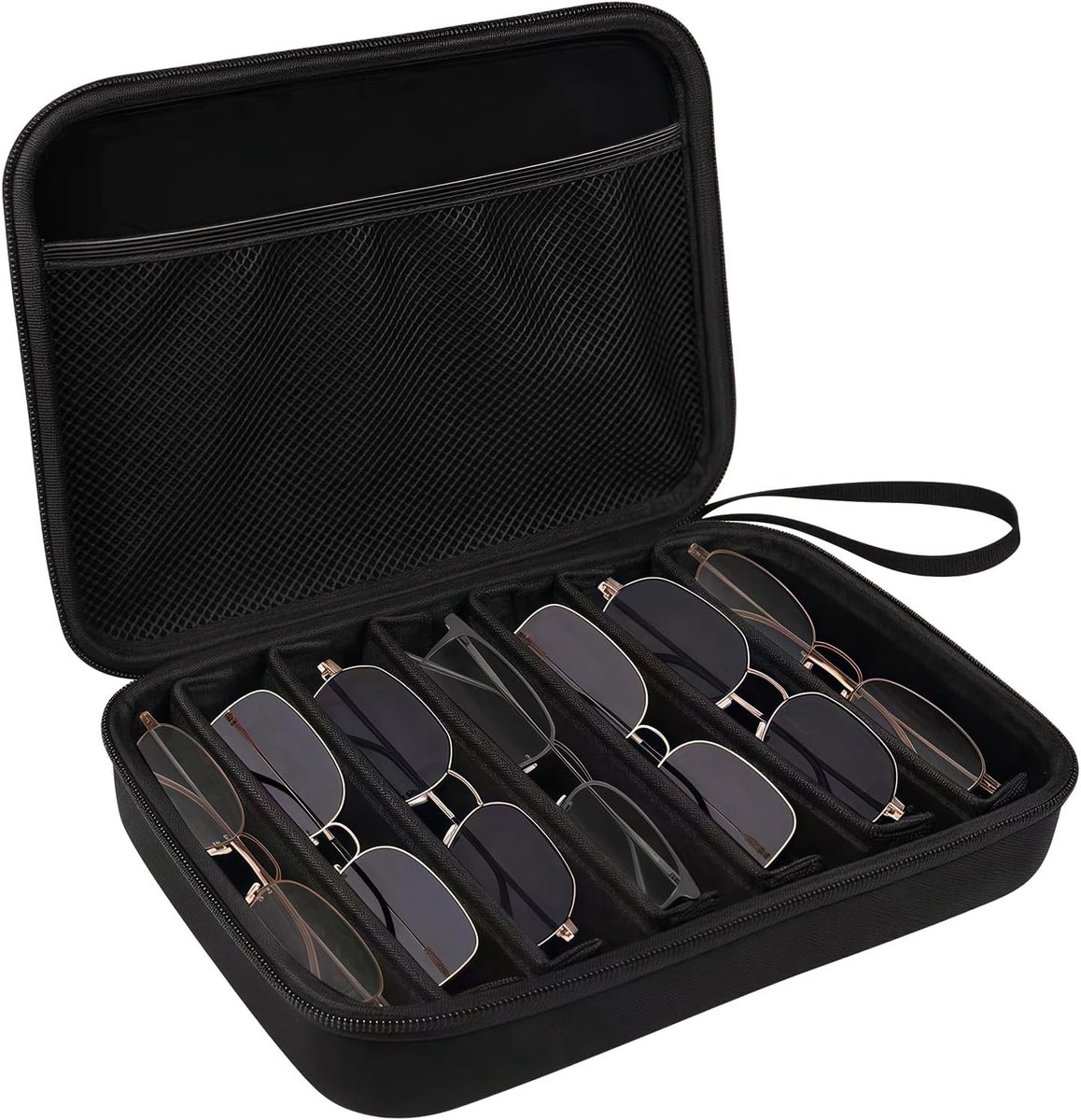 Zonnebril etui met 7 vakken, organiser voor brillen en accessoires, harde opbergzak met rits en draagriem, zwart