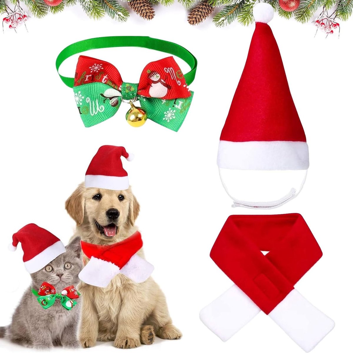 Inovra- Hondenkostuum Kerstthema - Verstelbare Kerstmuts - Vlinderdas/Halsdoek - Korte Plus/Polyester - Maat S/M/L - Leuke Feestelijke Outfit - Huisdierenkostuum