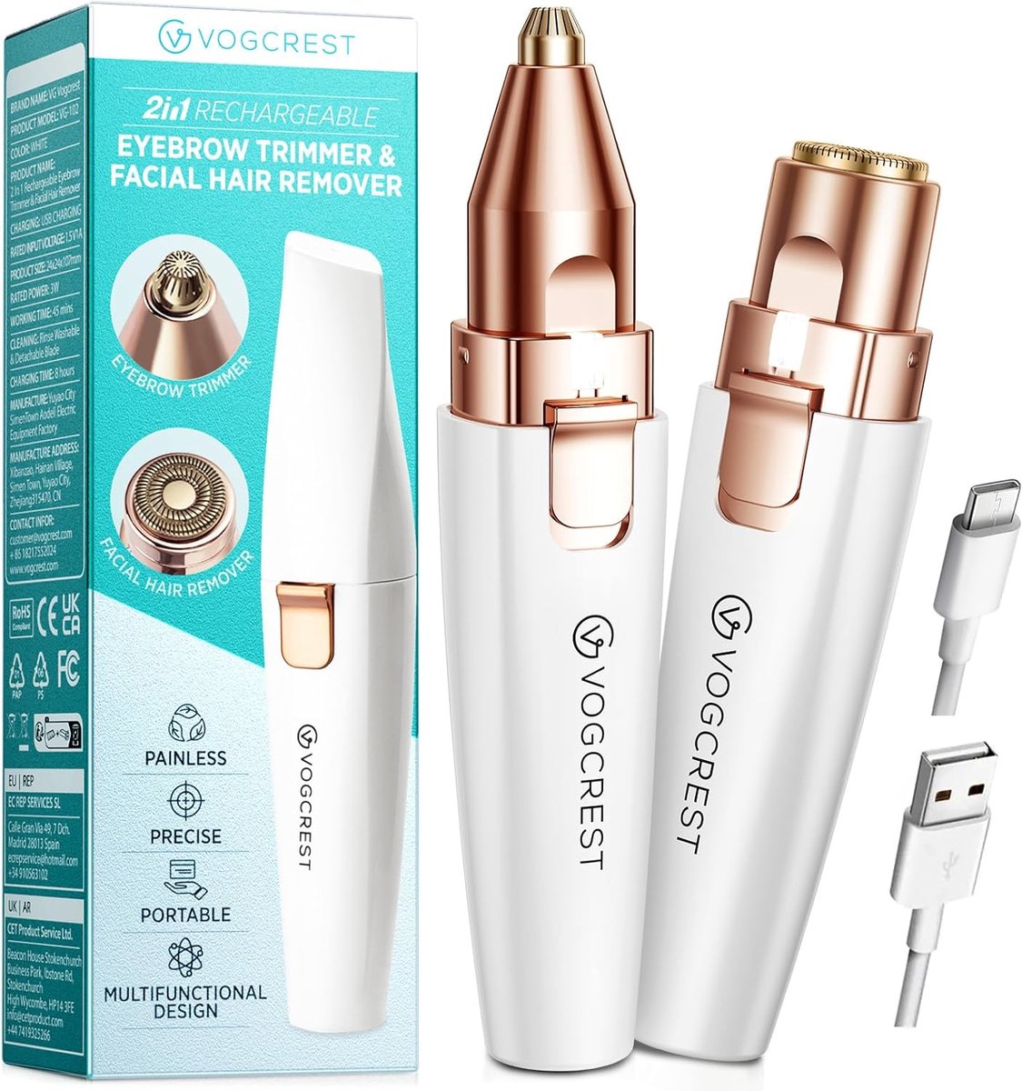 Thijox - Oplaadbare Wenkbrauwtrimmer en Gezichtshaarverwijderaar 2-IN-1 voor Vrouwen - Pijnloze Haarverwijderaar - Compact en USB Oplaadbaar - Wit