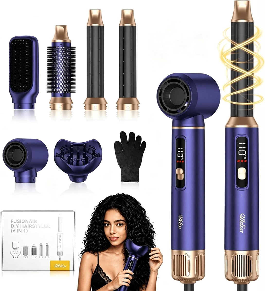 SnelShoppen - UKLISS 6-in-1 Hairstyler Air Styler Set met Diffuser, 1000 W Haardroger, Ronde Borstel, Luchtkrulstaaf en Stijlborstel - Goud-Blauw voor