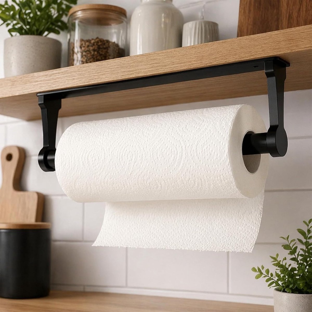 Thijox - Keukenrolhouder zonder boren - Zwarte aluminium keukenpapierhouder - Zelfklevend, perfect voor keuken, badkamer en woonkamer - 32,5 x 9,8 cm