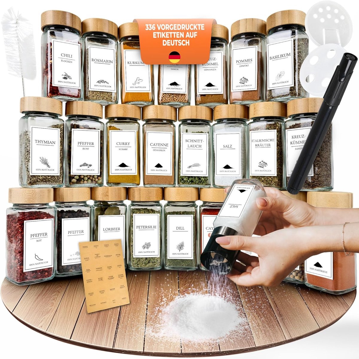Thijox - Comformer Kruidenpotjes Set Bamboe (25 stuks) - Vierkante Kruidenpotjes met Bamboe Deksel, Labels, Kruidenstrooier en Trechter, 120ml - Keuke