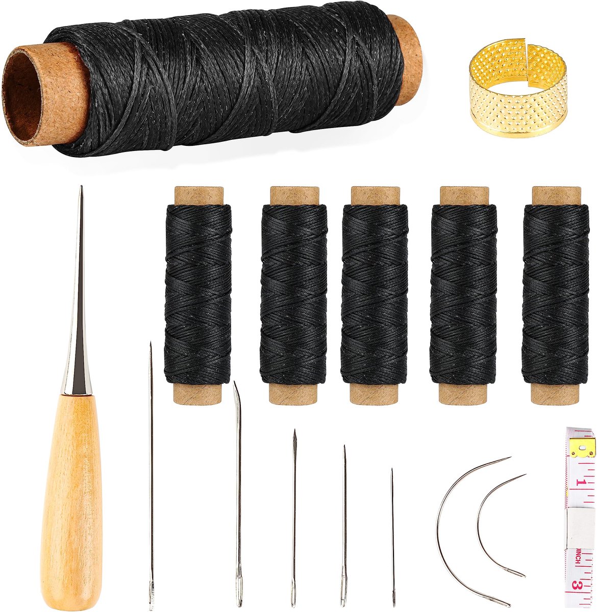 150D lederen waxdraad 180 M, gewaxt naaigaren naaiset voor leerwerk, tapijt, sofa, zetel, schoenen, naaien en repareren (zwart)