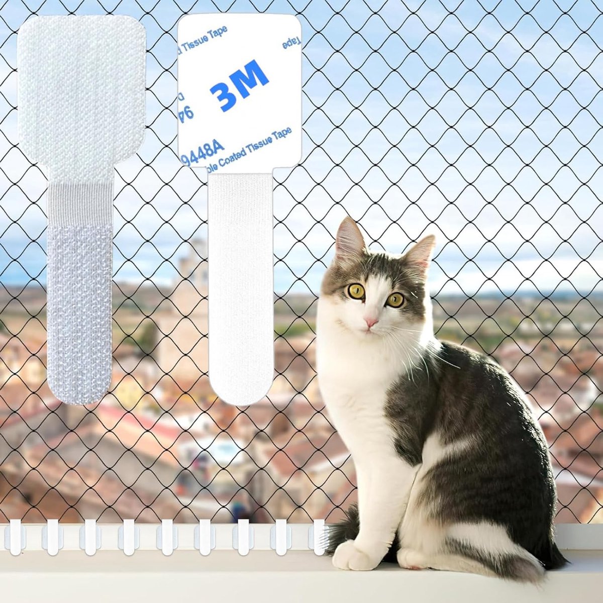 Set van 60 Buiten Plakhaken voor Katten, Ideaal voor Balkonnetten, Ramen en Hekken - Wit