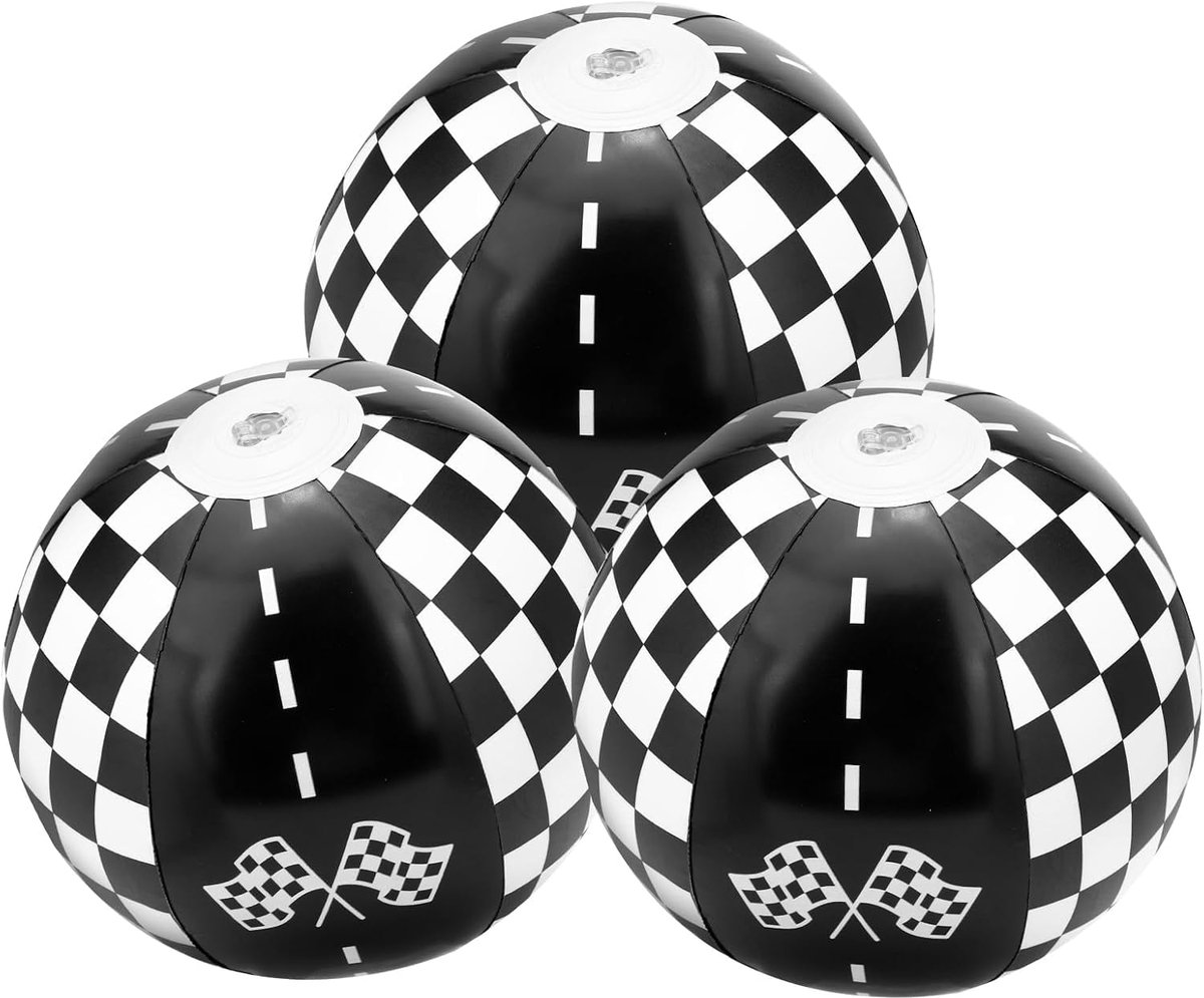 Thijox - 6 Stuks Opblaasbare Strandballen voor Kinderen met Zwart-Wit Racebaan Thema - PVC Zwembadspeelgoed voor Buiten, Zwembadfeest & Zomeractivitei