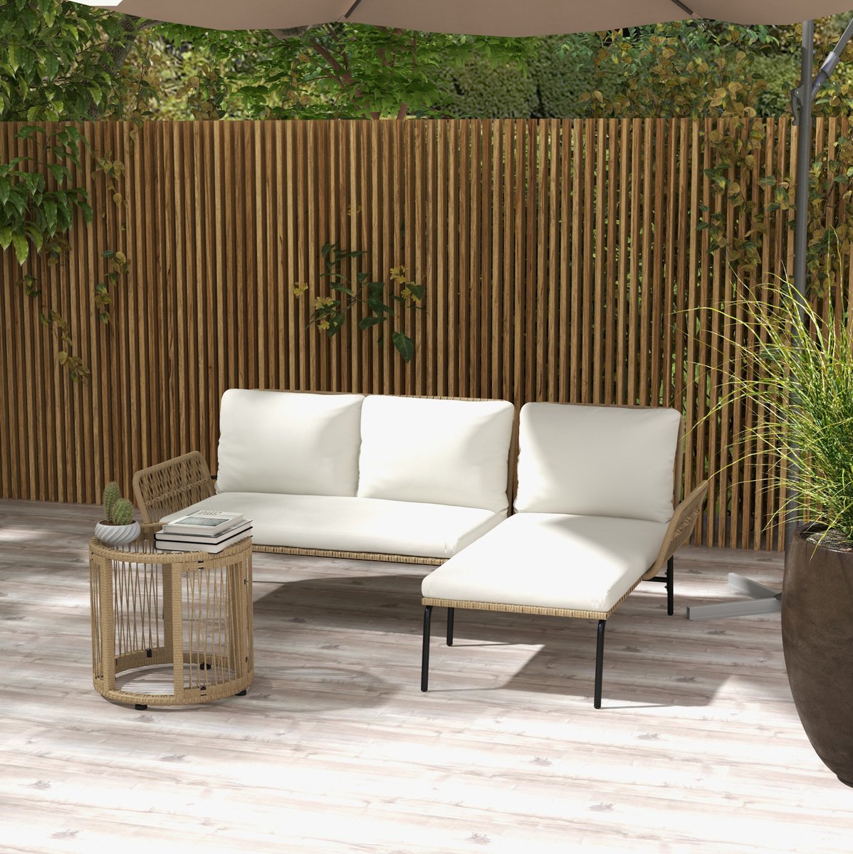 DESMIU Loungeset 3-Delig - Met Ligstoel, 2-Zitsbank En Tafel - Voor Terras En Balkon - PE-Rattan En Metaal - Crèmewit