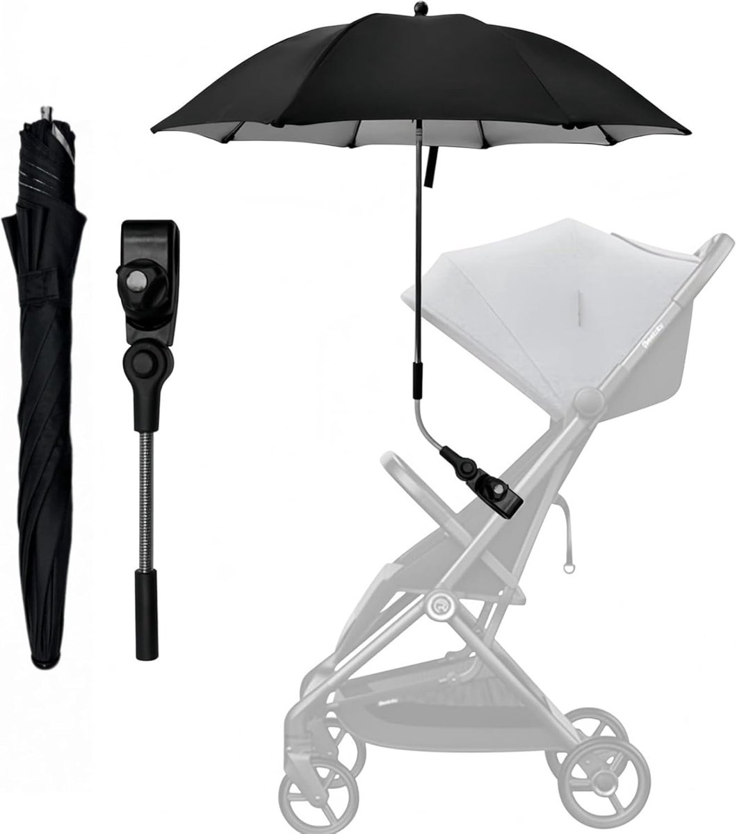 Thijox - Parasol voor Kinderwagen - Universele UV-Bescherming - Verstelbare Klem - Zwart - Ideaal voor Zomer, Zon, Regen en Gezonde Groei van Baby