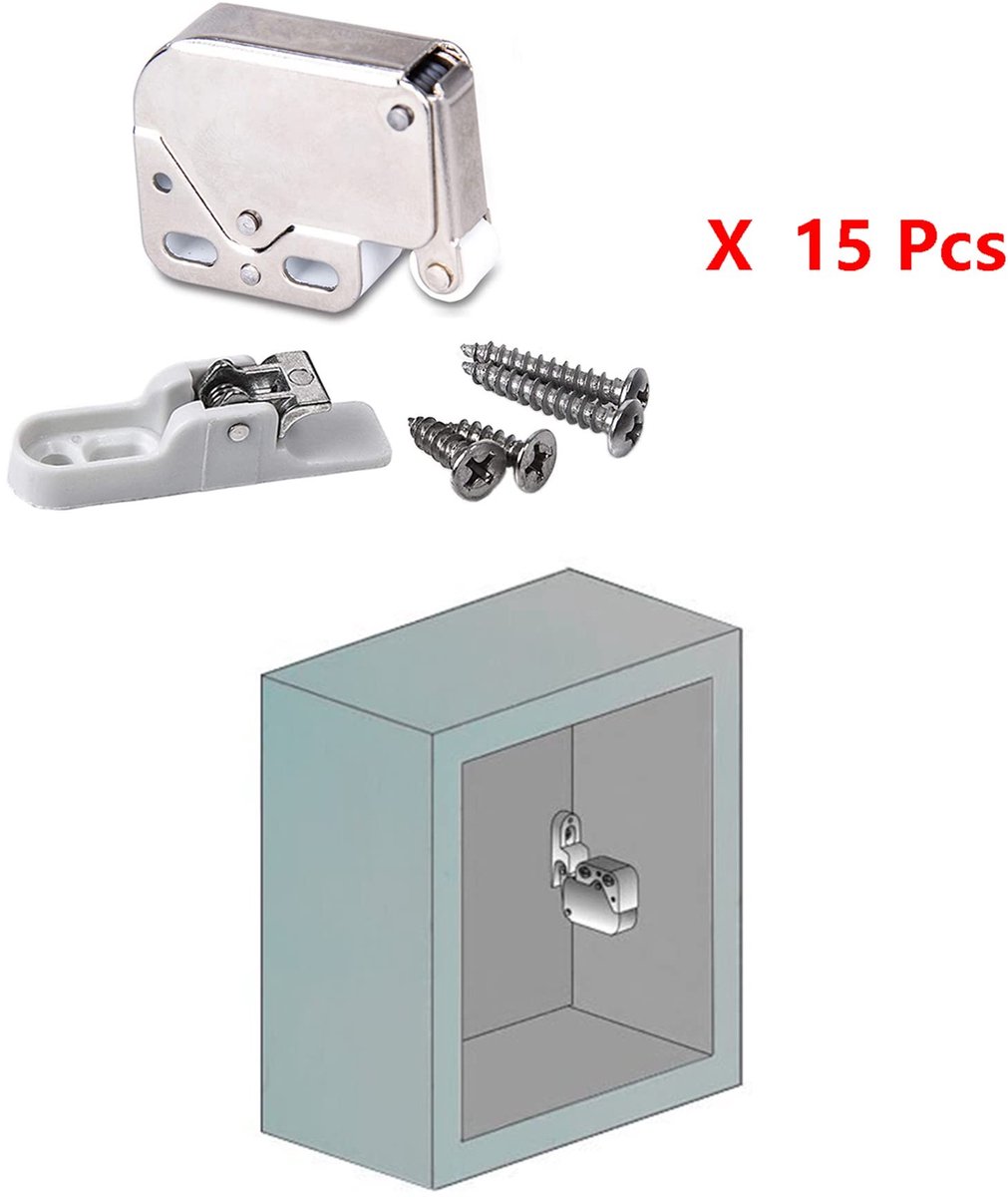 Inovra- Klink Hoge Kwaliteit - Drukknop Deurslot - Kastdeur Klink - Automatische Flap Catch - Pack van 15 - Roestvrij Staal