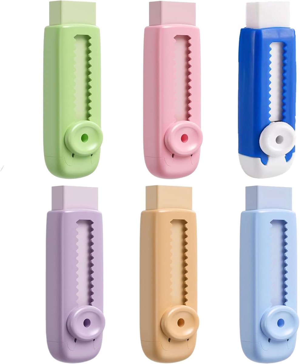 Inovra- Rubbergum Intrekbaar - 6 Stuks - Grote Gummetjes - Verschillende Kleuren - Voor Scholieren - Compact Ontwerp - Gummetje