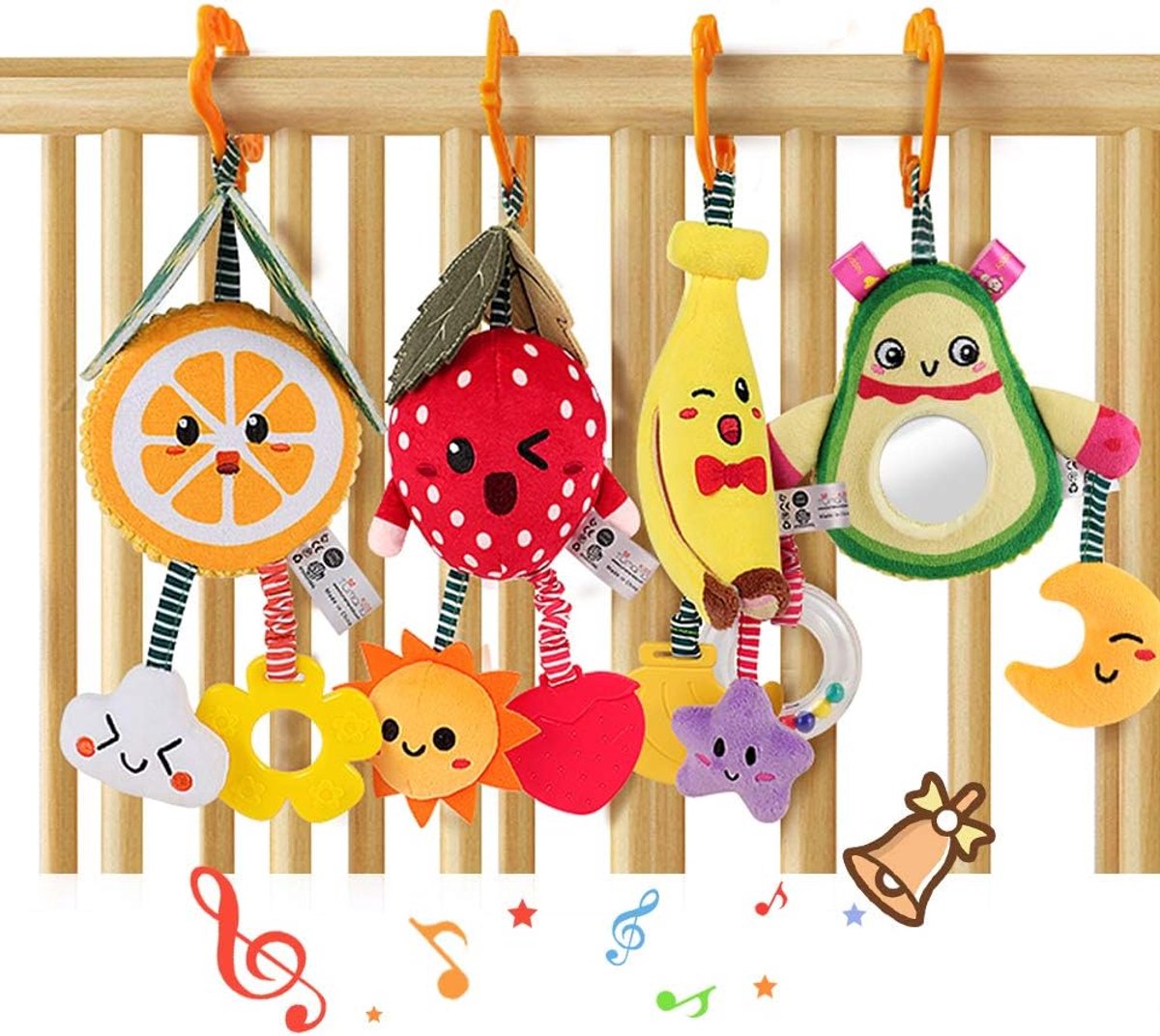 Thijox - Tumama Opknoping Fruit Rammelaars Speelgoed Set - Avocado, Banaan, Sinaasappel & Aardbei - Pluche Bijtringen voor Kinderwagen & Wieg - 3-12 M