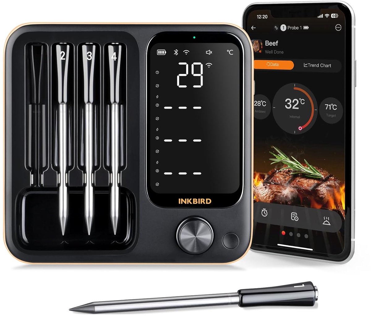 SnelShoppen - Draadloze Vleesthermometer met 4 Sondes voor Keuken, Oven, BBQ en Barbecue - WiFi Bluetooth Thermometer met APP, Waterdicht, Perfect voo