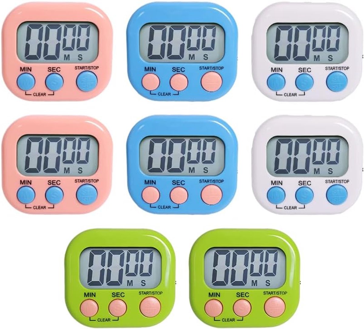 SnelShoppen - 8-Delige Kleurrijke Keuken Timer Magnetisch met 4 Kleuren Stopwatch, Grote LCD Scherm, Mini Keuken Timer voor Koken, Douche, Sport, Gym