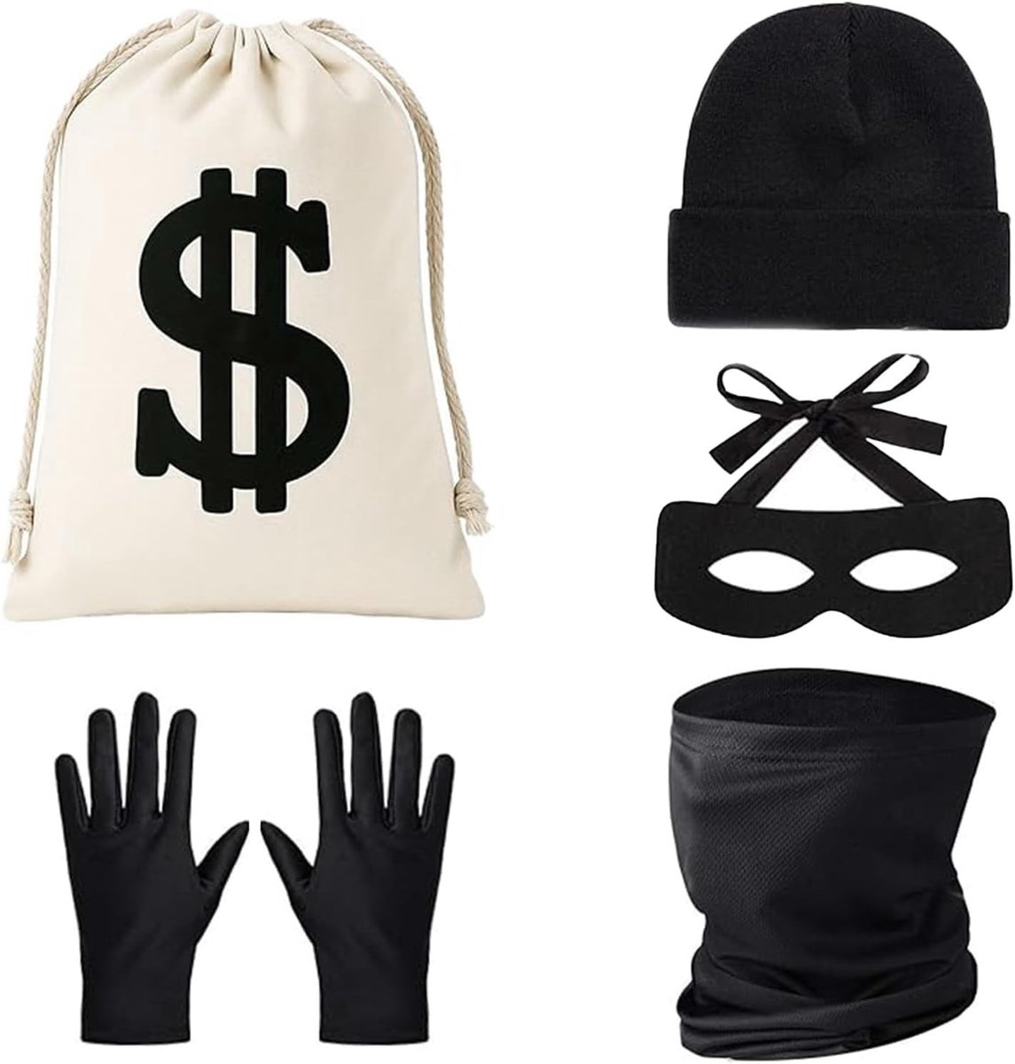 Set van 6 Accessoires voor Volwassenen - Gehaakte Muts, Handschoenen, Tassen, Oogmasker en Gezichtsmasker voor Bankoverval Kostuum voor Carnaval en Halloween